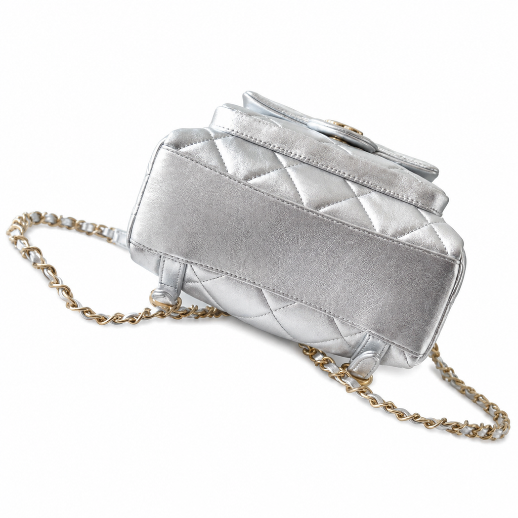 Chanel Quilted Mini Backpack in Silver Metallic Lambskin with Gold Chain