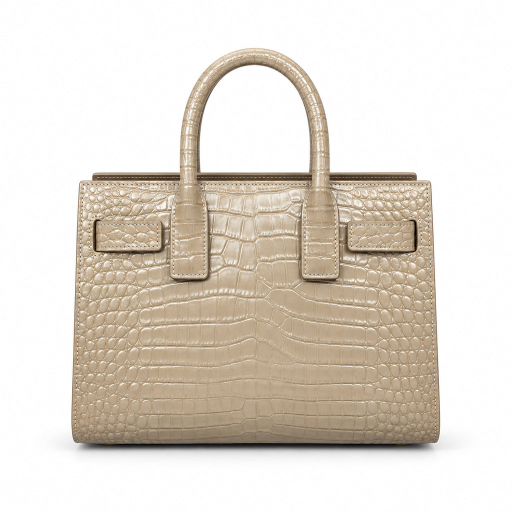 Saint Laurent Sac de Jour structured top handle tote bag in warm beige croc-embossed patent calfskin leather with tonal hardware