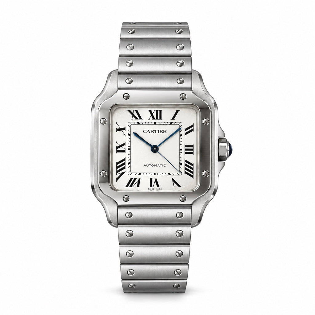 Cartier Santos Large — Stainless Steel, White Dial, Roman Numerals & Steel Bracelet, Automatic