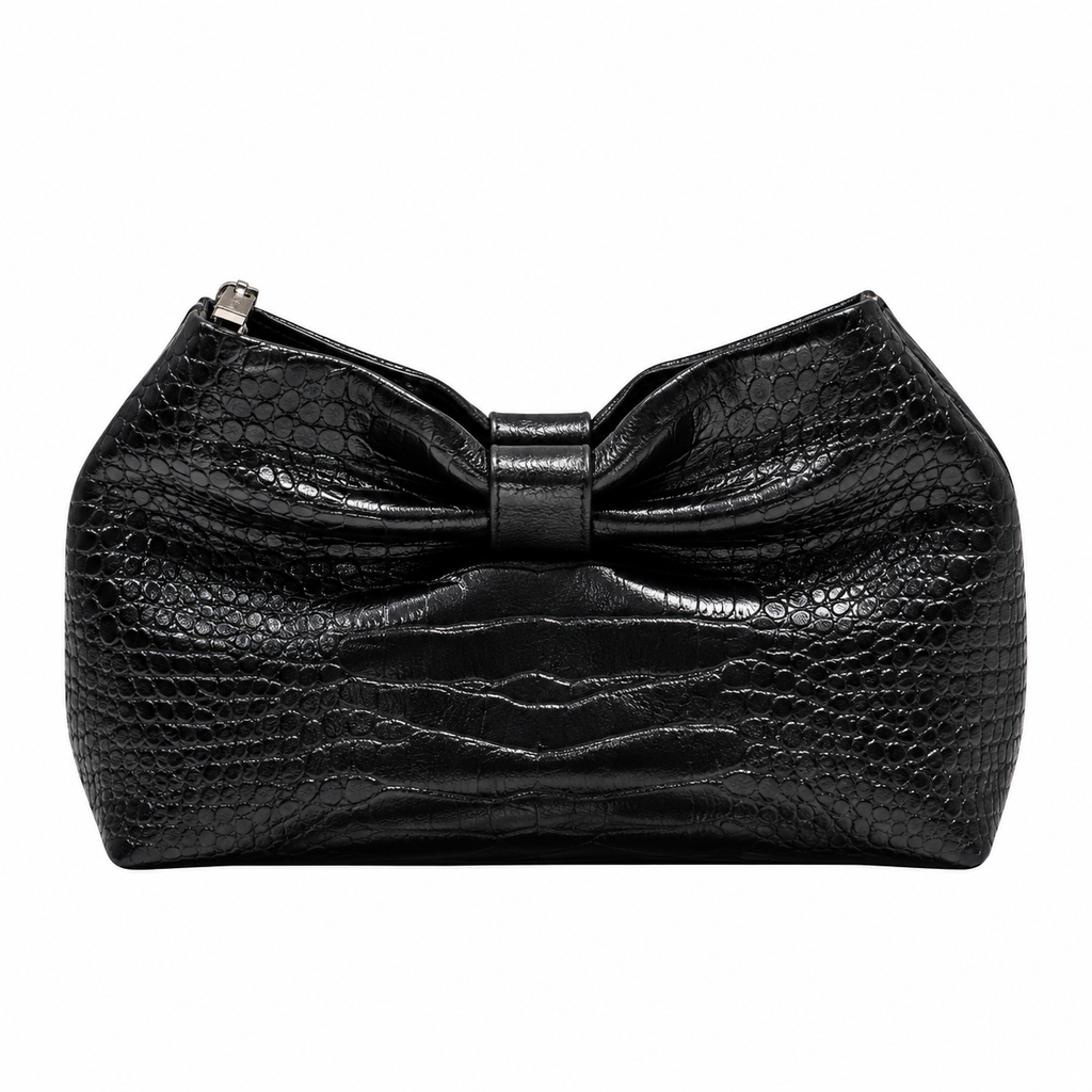 Dior Bow Clutch in Black Crocodile-Embossed Leather with Silver Zip
