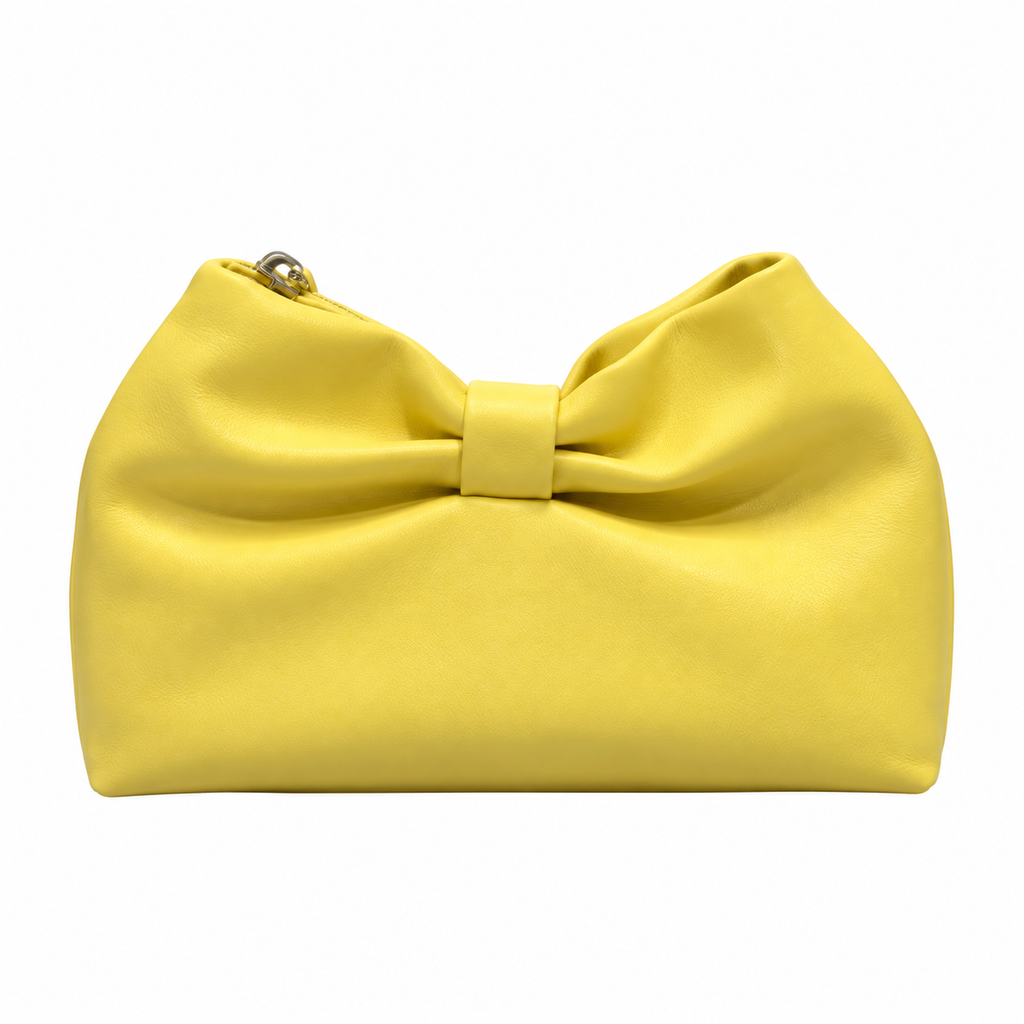 Dior Bow Clutch in Lemon Yellow Satin Leather with Gold Zip Closure
