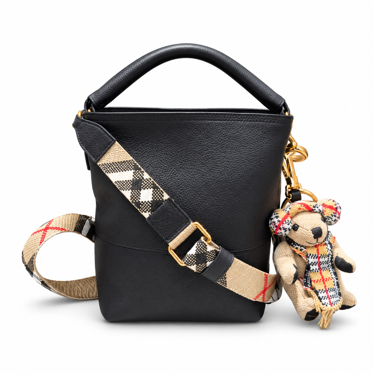 Burberry Black Leather Bucket Bag with Check Strap