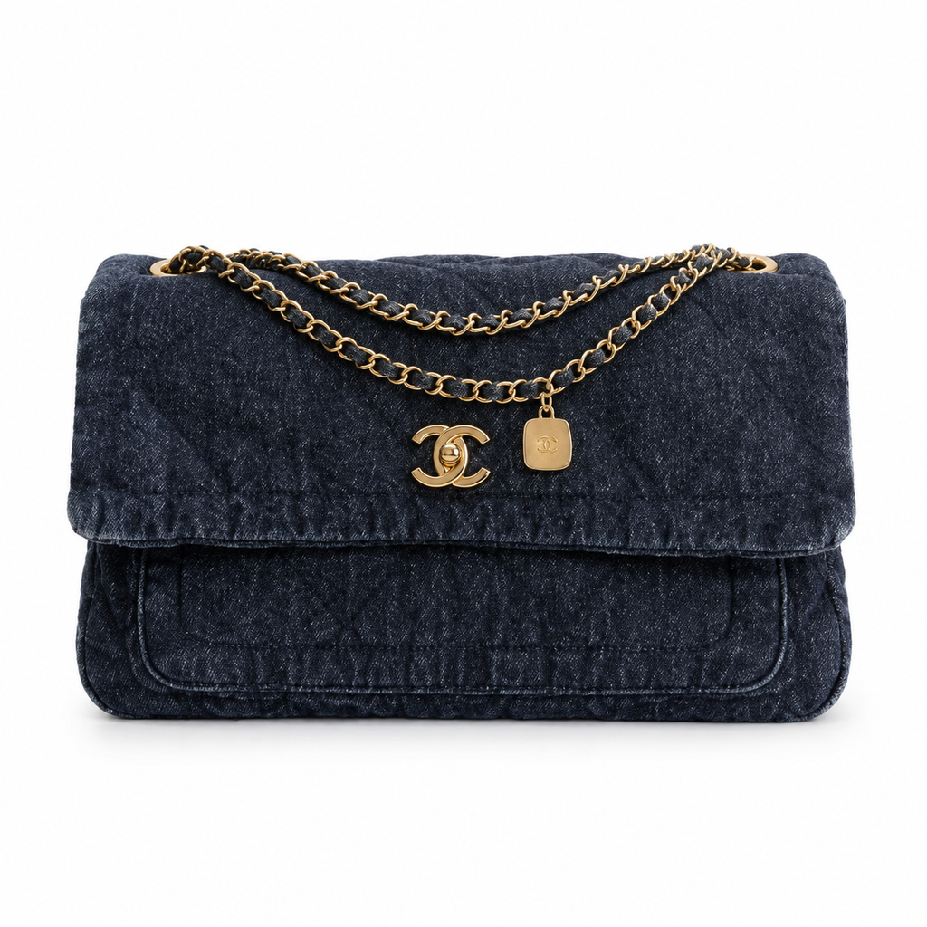 Chanel Quilted Navy Denim Flap Bag with Gold CC Lock and Charm