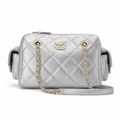Chanel Quilted Silver Metallic Camera Bag with Gold CC Logo