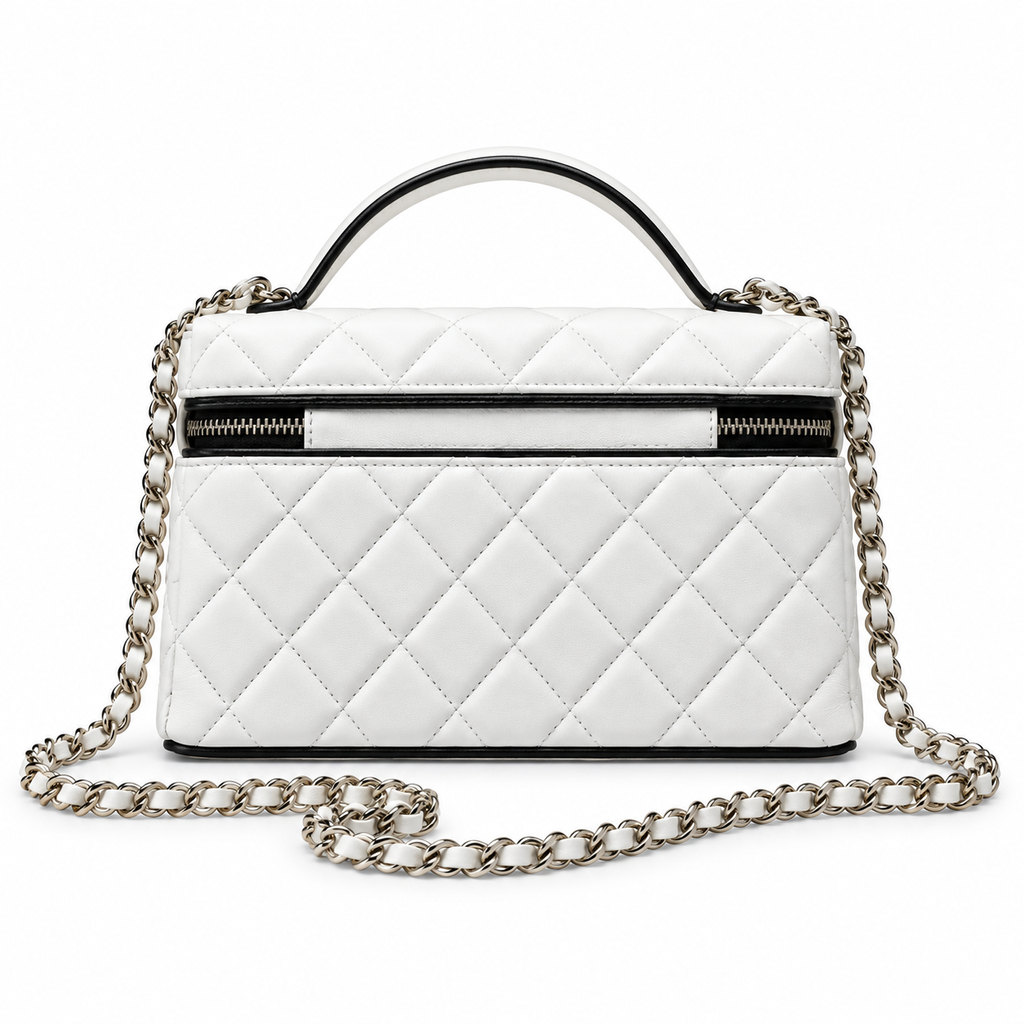 Chanel White Black Quilted Vanity Case with Chain