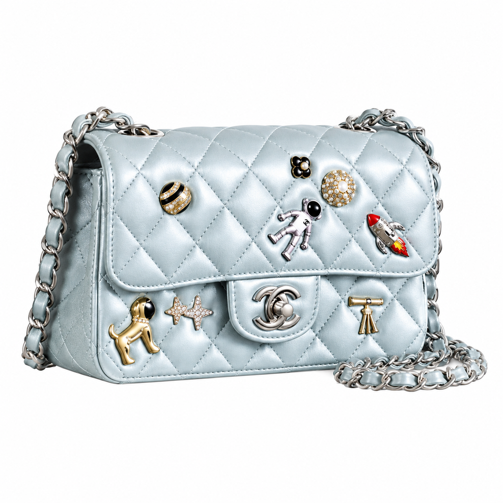 Chanel Mini Classic Flap Space Charm Ice Blue Lambskin Silver 20cm