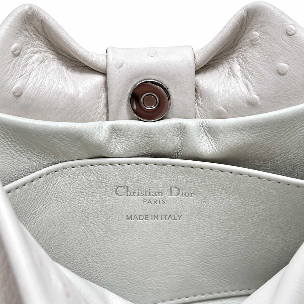 Dior Bow Bag in Ivory Ostrich-Embossed Leather with Silver Paperclip Chain