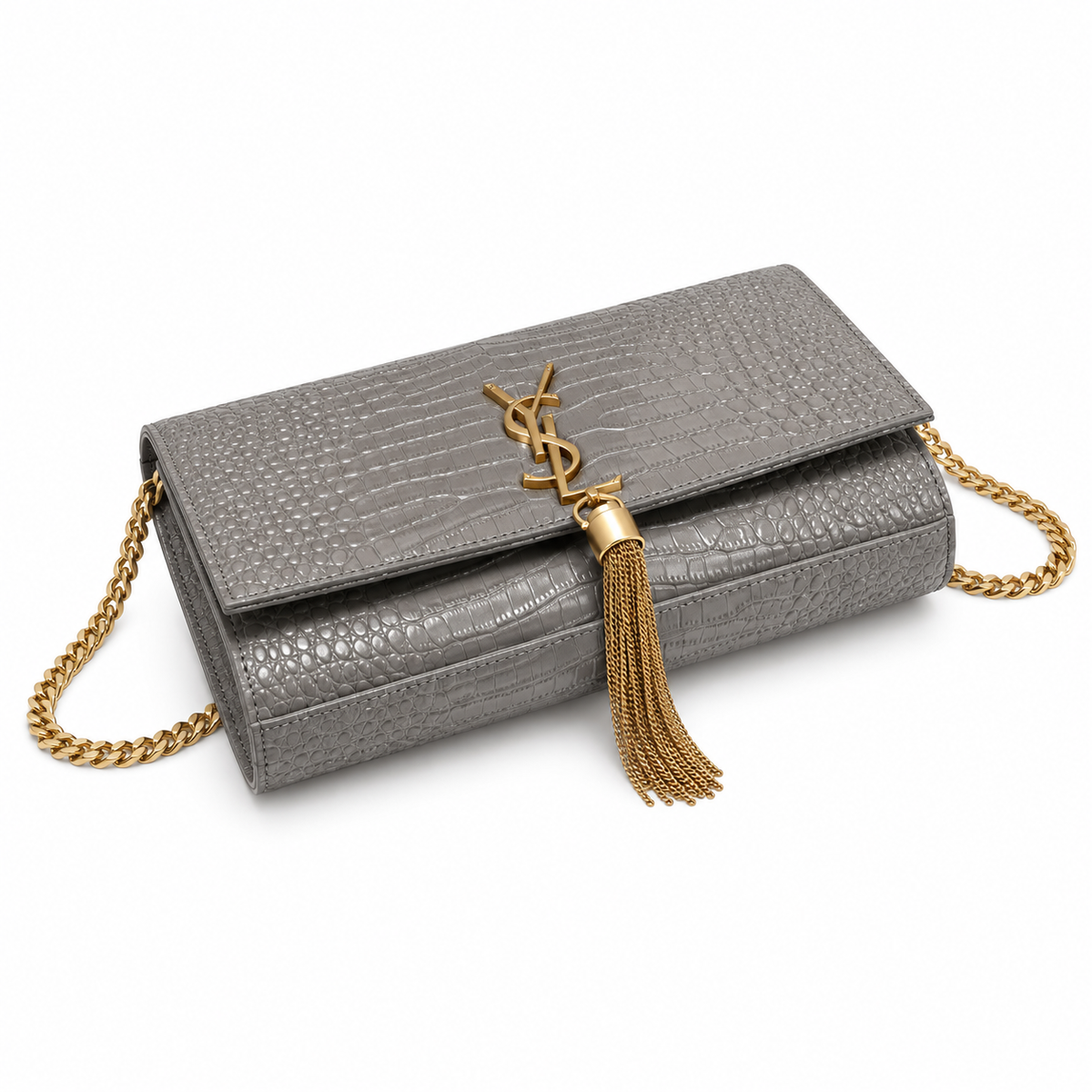 Saint Laurent YSL Kate Tassel Bag – Grey Croc Gold