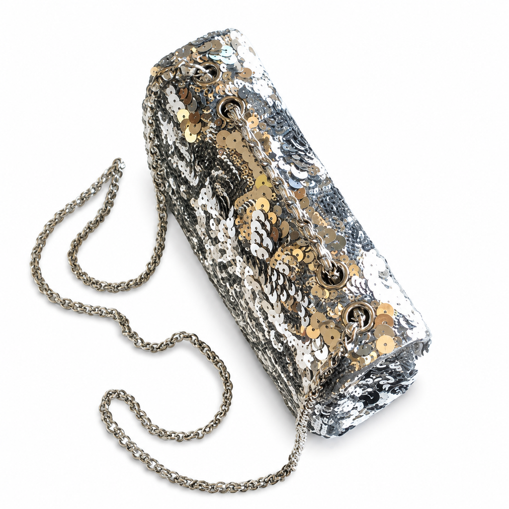 Chanel Classic Flap Bag in Silver and Gold Mixed Sequin with Silver Chain
