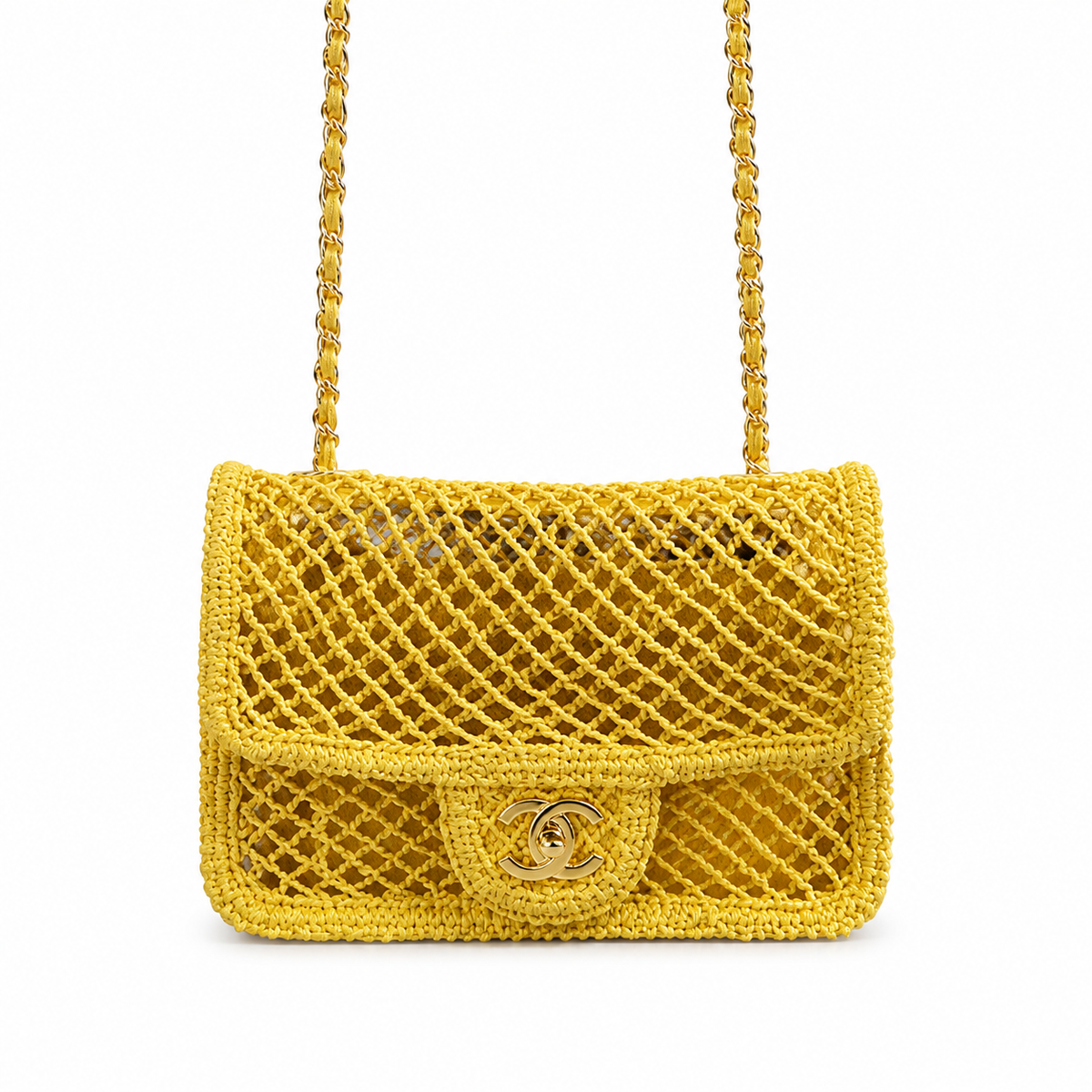 Chanel Yellow Woven Flap Crossbody Bag
