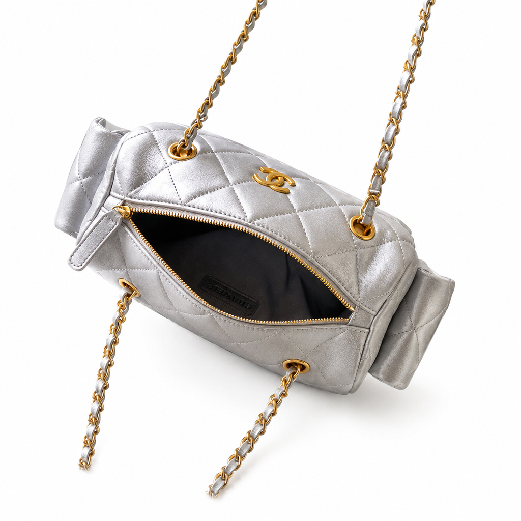 Chanel Quilted Silver Metallic Camera Bag with Gold CC Logo