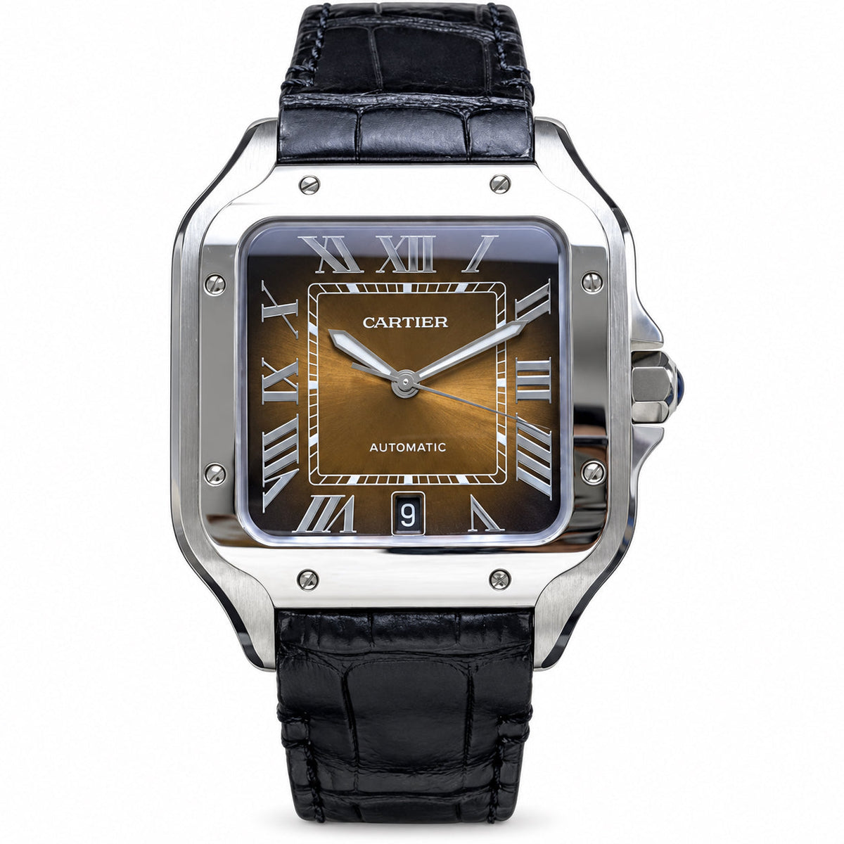Cartier Santos de Cartier Automatic — Steel, Smoked Brown Dial & Black Alligator Strap, Large