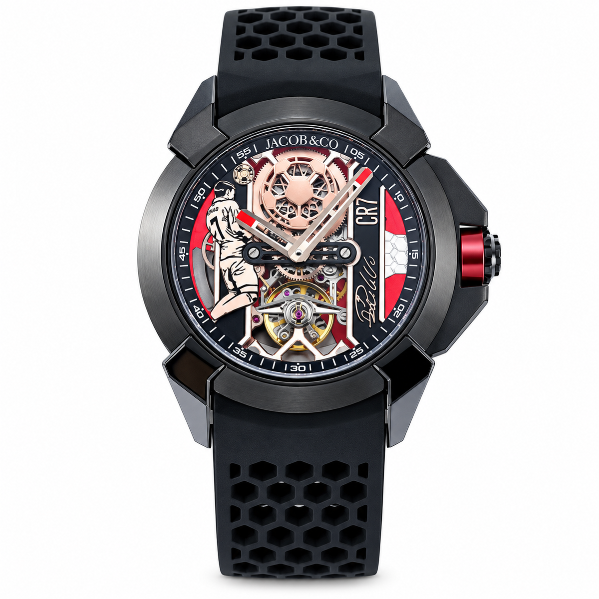 Jacob & Co. Epic X CR7 Black DLC Tourbillon Skeleton Red Honeycomb Rubber Watch