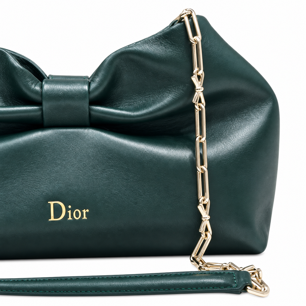 Dior Bow Bag in Forest Green Lambskin Leather with Gold Ring Hardware