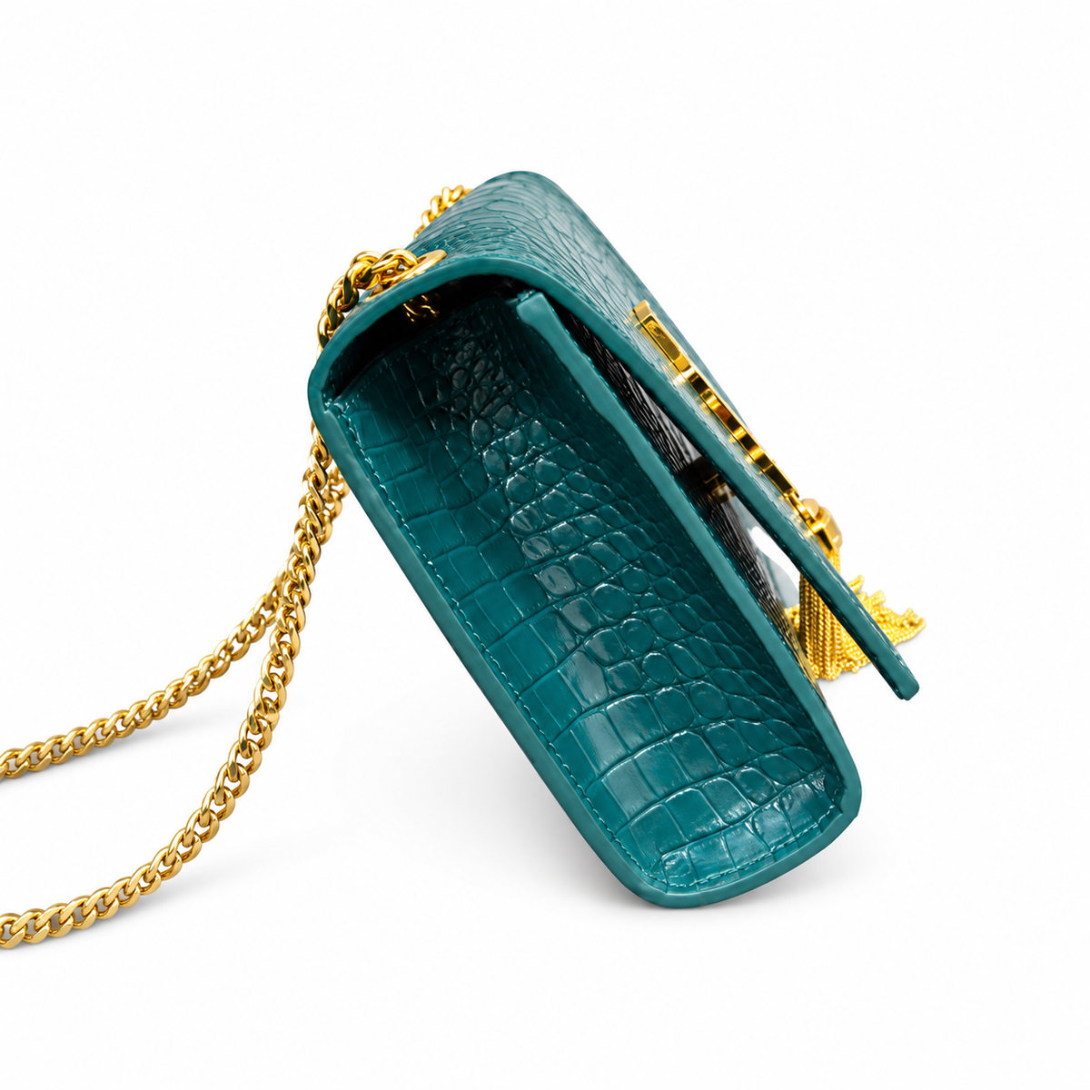 YSL Kate Tassel Chain Bag – Teal Croc-Embossed Leather