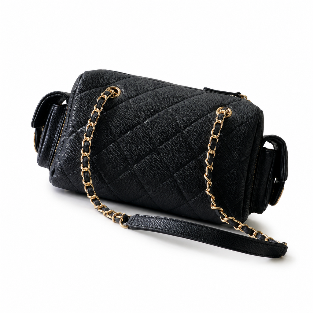 Chanel Quilted Black Caviar Leather Shoulder Bag with Gold CC Logo