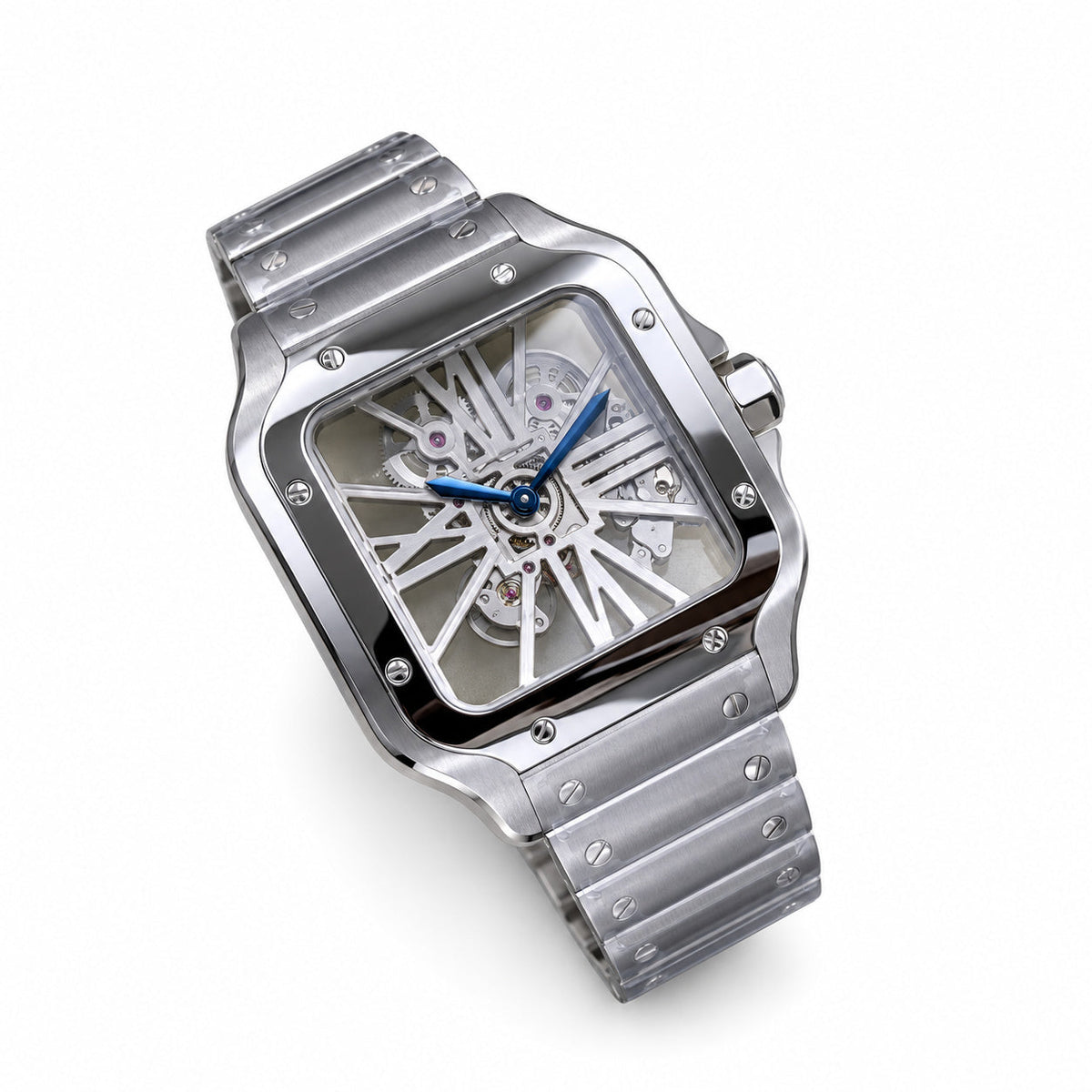 Cartier Santos Large Steel Skeleton Dial Blue Hands Automatic Bracelet Watch – KDY