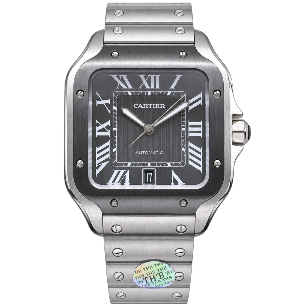 Cartier Santos de Cartier Large Stainless Steel Smoked Grey Sunburst Dial Silver Roman Numerals Date Automatic Integrated Bracelet QuickSwitch Watch