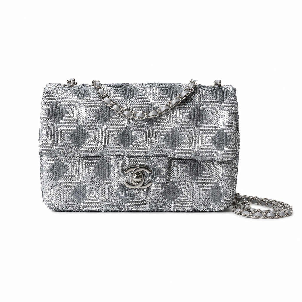 Chanel Silver Labyrinth Sequin Classic Flap Bag with Silver Chain