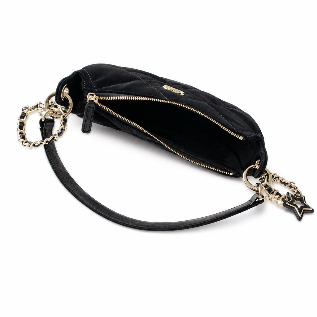Chanel Quilted Black Suede Flap Bag with Gold CC Lock and Chain
