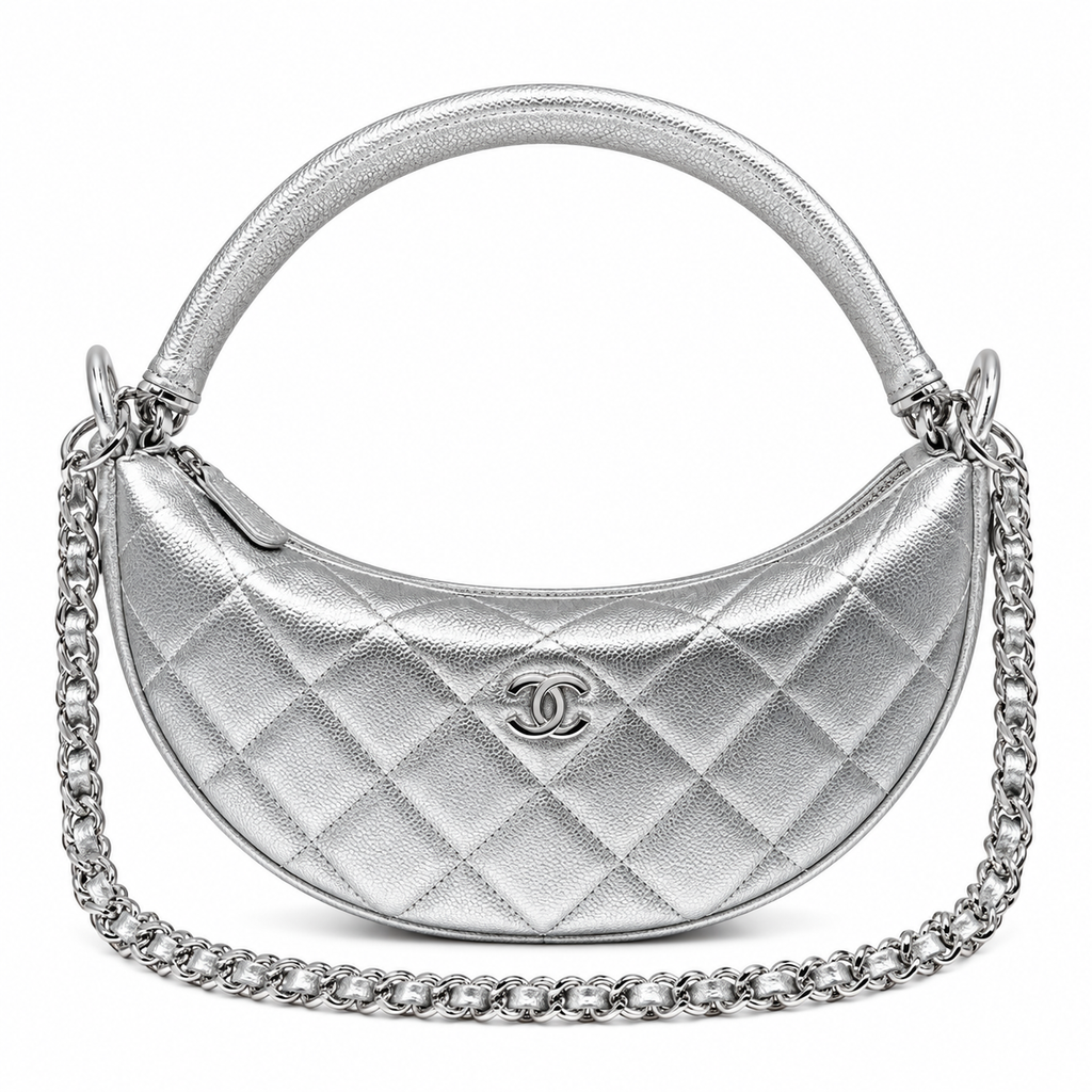 Chanel Silver Metallic Quilted Half Moon Bag with Chain