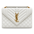 YSL Envelope Medium Bag in white mixed-quilted leather with gold YSL monogram tab closure, top handle and chain strap, front view
