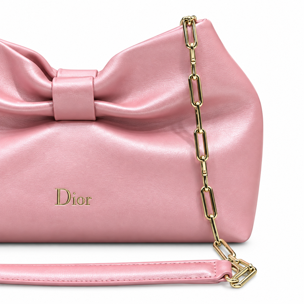 Dior Bow Bag in Baby Pink Lambskin Leather with Gold Chain Strap