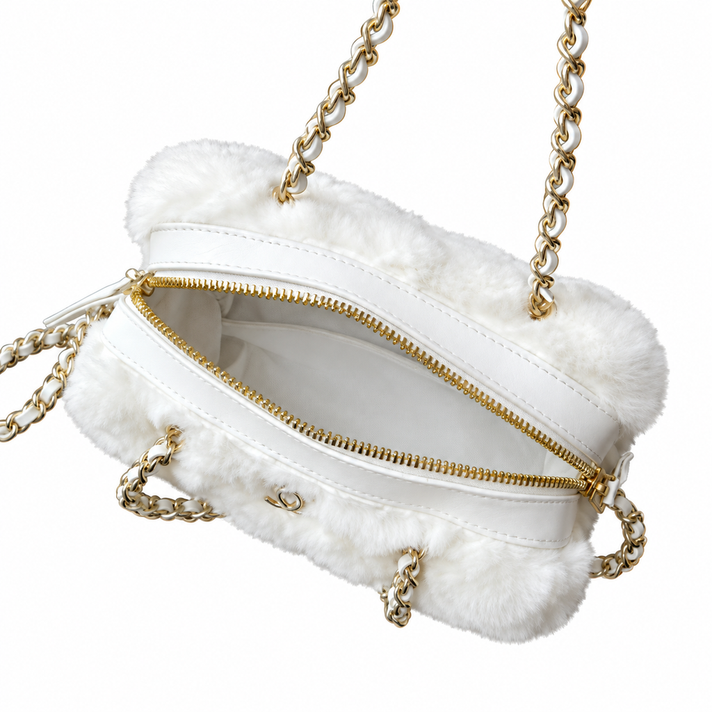 Chanel White Faux Fur CC Shoulder Bag with Chain