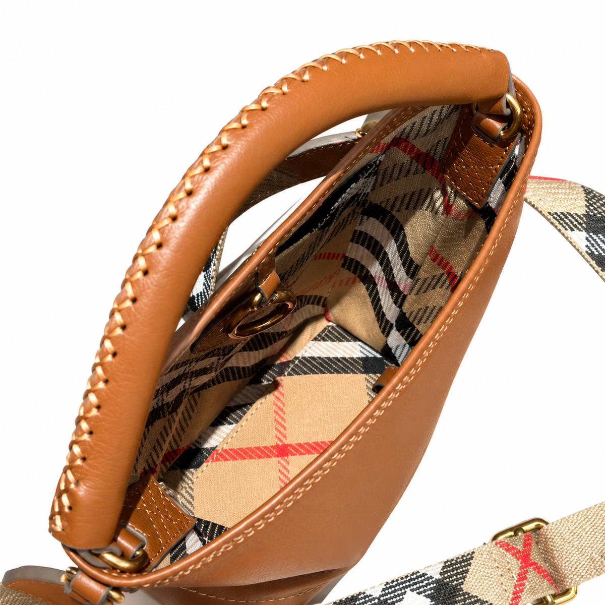 Burberry Leather Bucket Bag with Check Strap