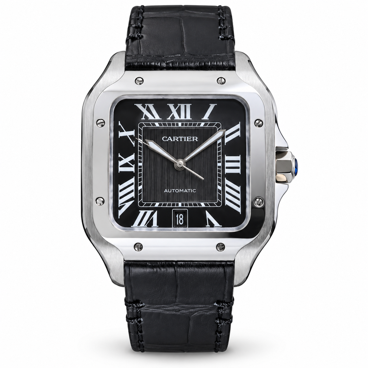 Cartier Santos Automatic Black Dial Alligator Leather Luxury Watch Swiss Made