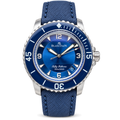 Blancpain Fifty Fathoms deep blue sunburst dial rotating blue ceramic bezel navy NATO fabric strap 300m automatic dive watch