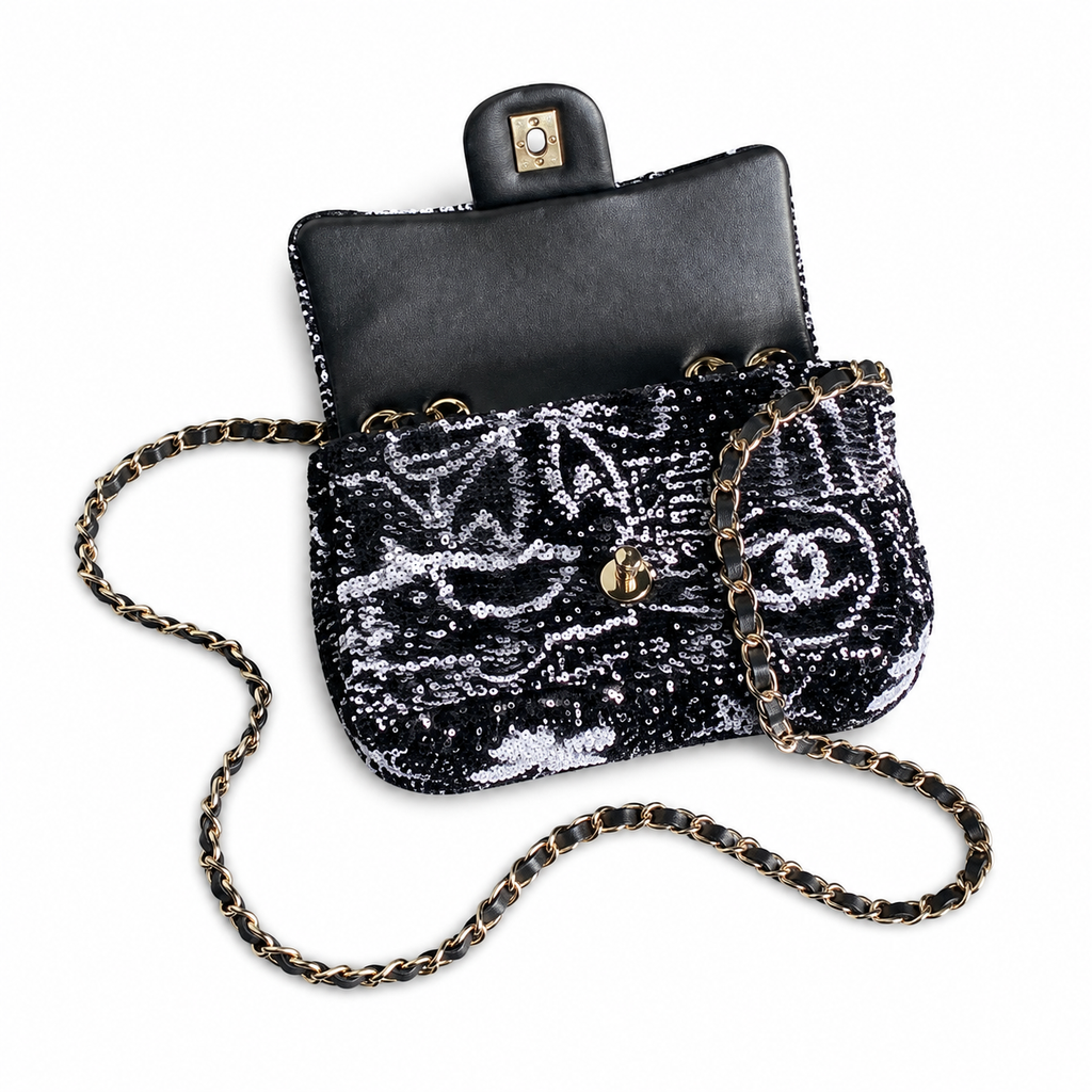 Chanel Silver Bow Sequin Classic Flap Bag with Silver Chain