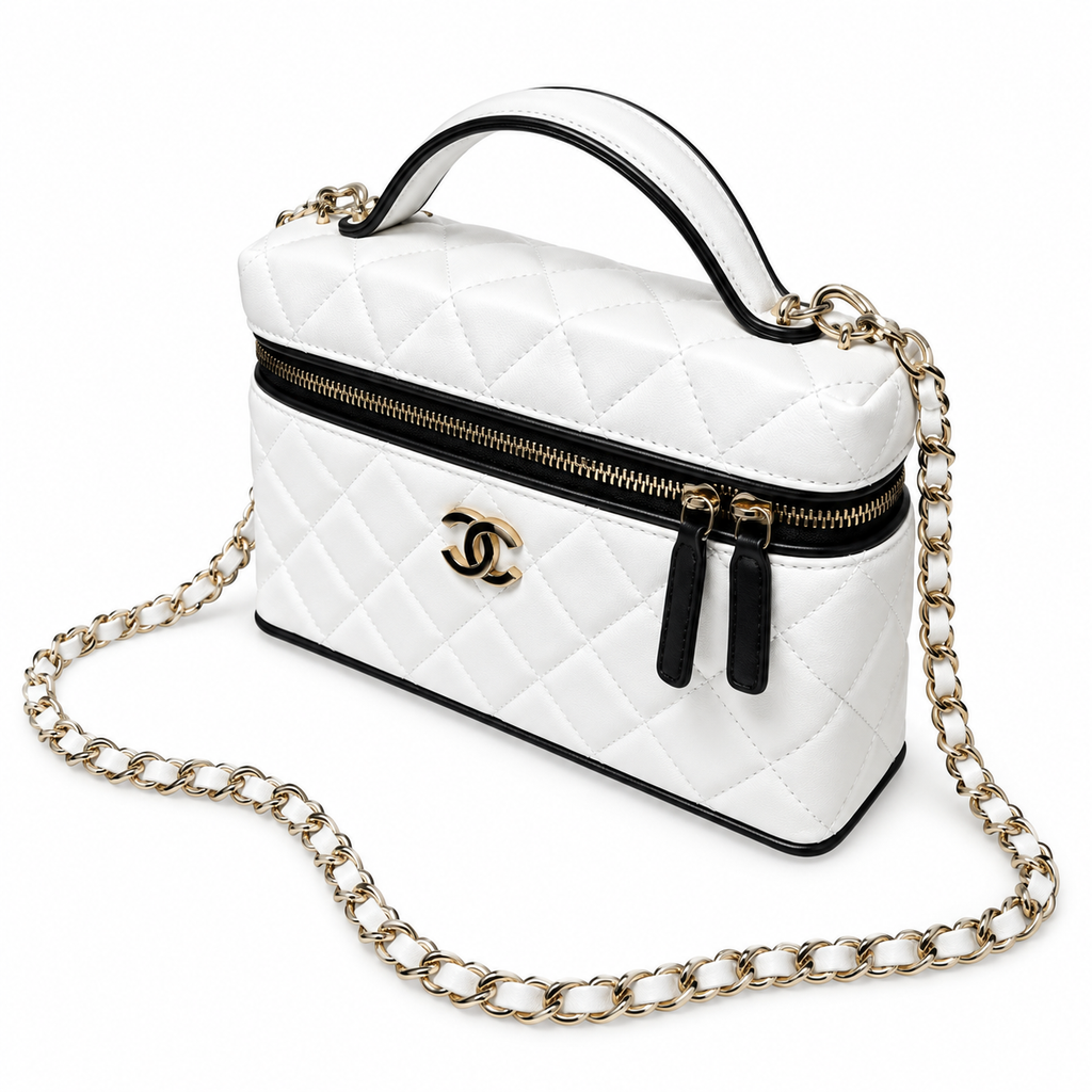 Chanel White Black Quilted Vanity Case with Chain