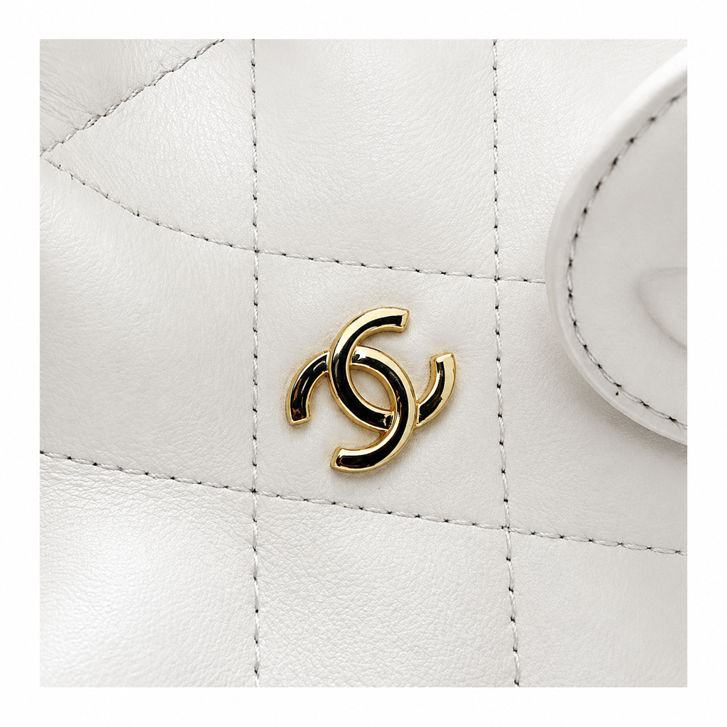 Chanel White Lambskin Quilted Drawstring Bucket Bag | Triple CC Coin Charms & Adjustable Strap