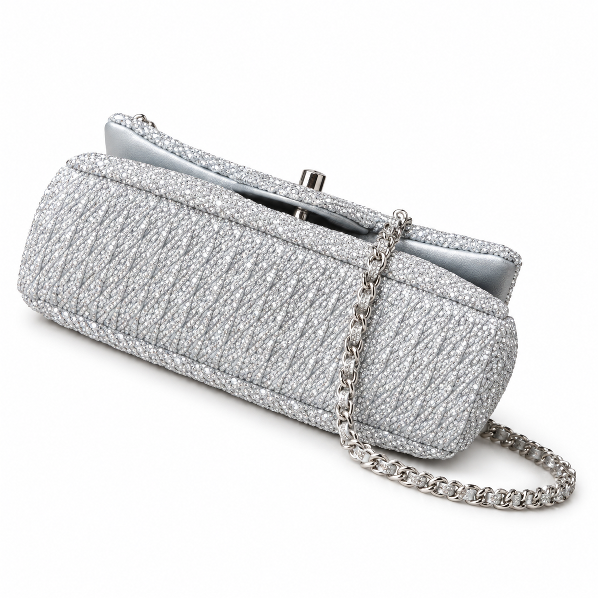 Chanel Silver Crystal Evening Clutch with Chain