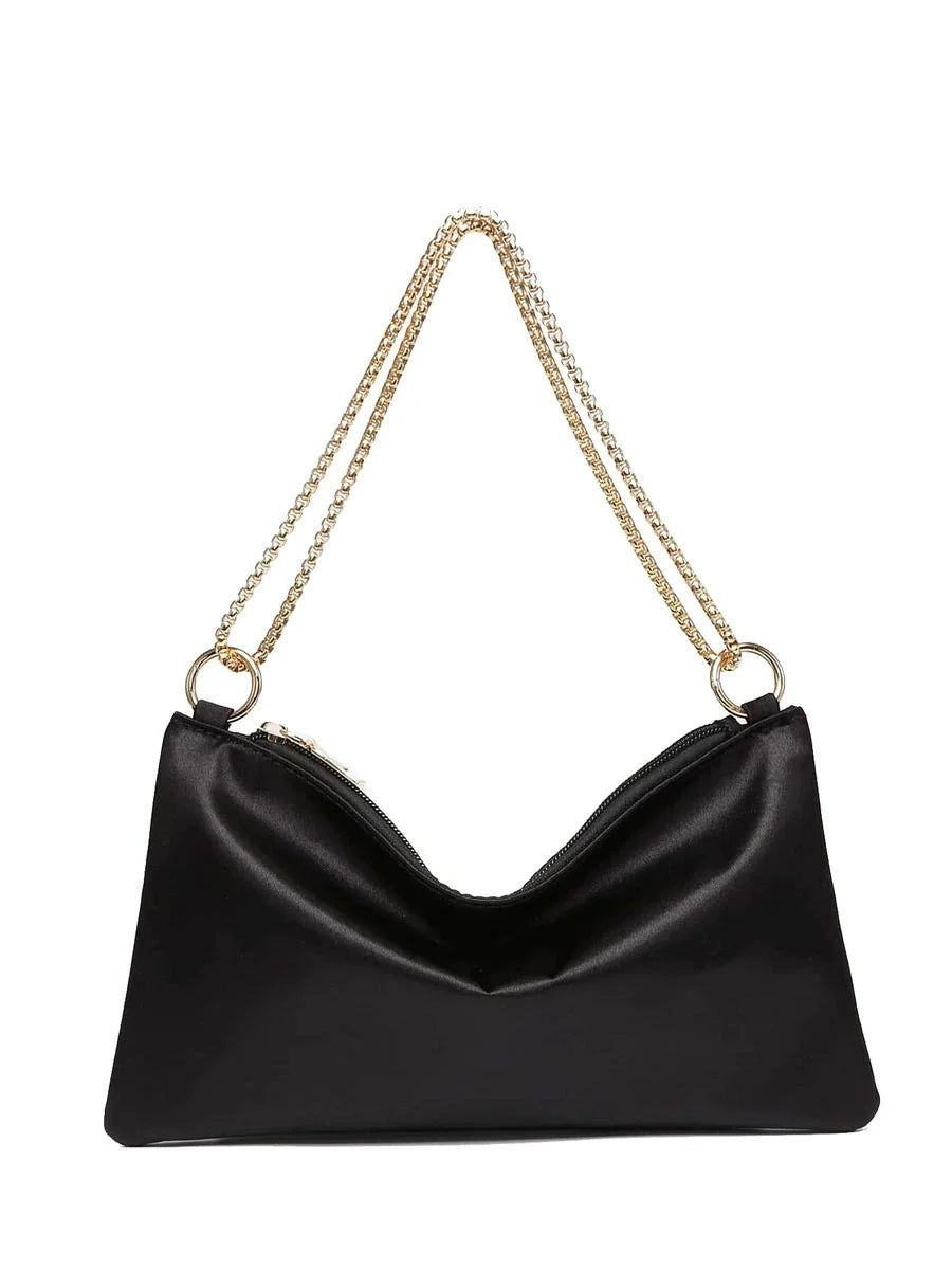 Black Satin V-Zip Chain Shoulder Bag