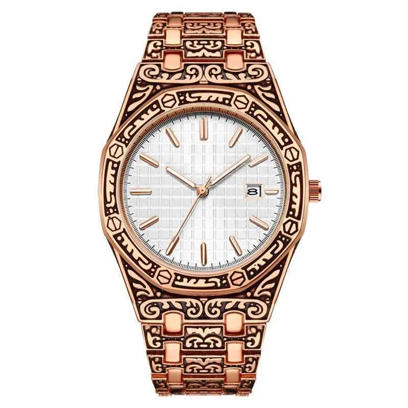Men's Iced Out Watch – Rose Gold Crystal Diamond Black Dial