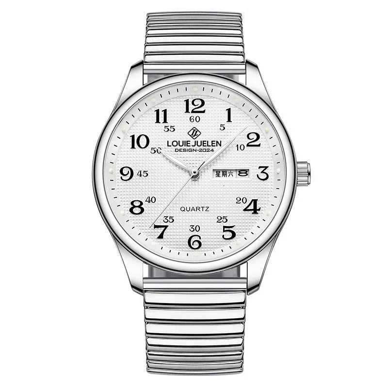 Louie Juelen — Stainless Steel, White Dial, Day-Date & Stretch Bracelet