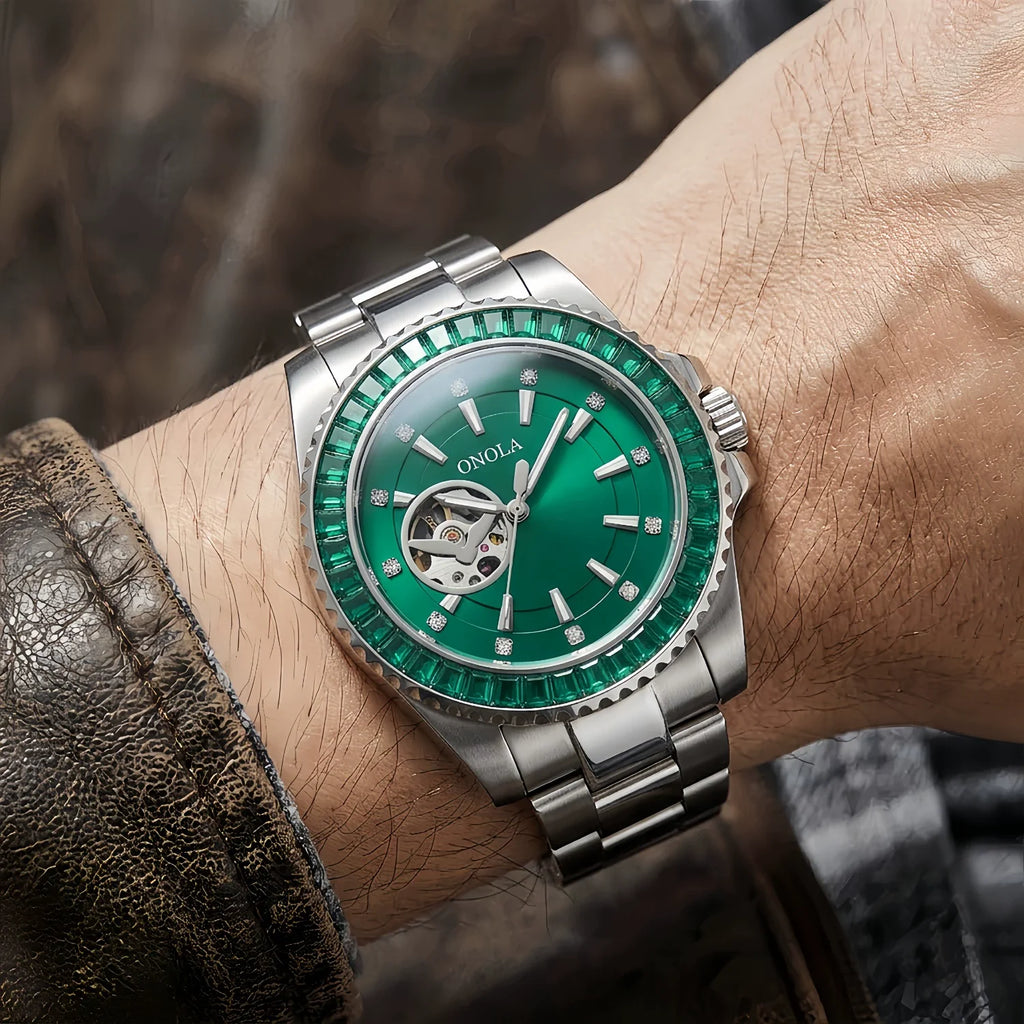 ONOLA Automatic Watch 44mm | Emerald Gem Bezel & Open-Heart Green Dial